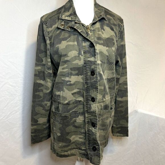 Lucky Brand Camo Button Up Zip Utility Jacket Womens Long Sleeve Collared - Picture 2 of 7